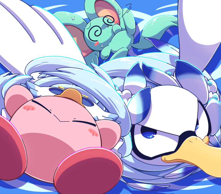 :&gt; @_@ bird bird_hat blue_background blue_eyes blush_stickers closed_eyes closed_mouth elfilin feathers fleur_tornado_kirby fleurina highres kirby kirby_(series) kirby_and_the_forgotten_land nettsuu nintendo no_humans sweatdrop tornado_kirby white_feathers white_headwear