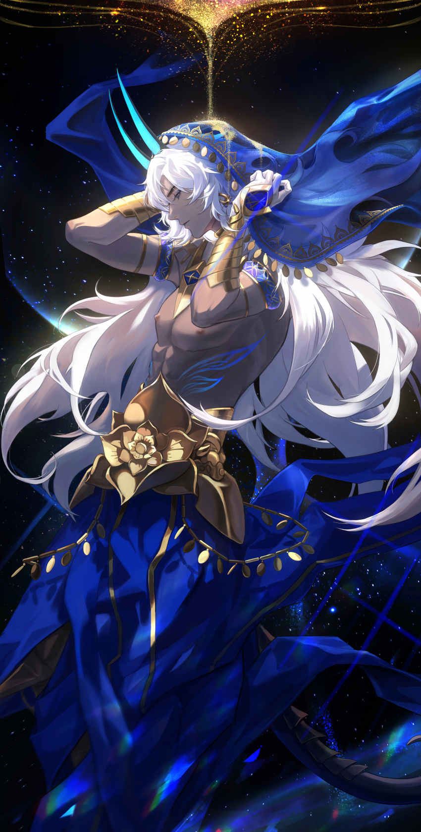 1boy absurdres arjuna_(fate) arjuna_alter_(fate) armlet blue_horns blue_skirt body_markings chinese_commentary collar dark-skinned_male dark_skin diffraction_spikes earrings fate/grand_order fate_(series) feet_out_of_frame gloves grey_eyes hair_between_eyes hand_on_headwear highres horns indian_clothes jewelry long_hair looking_ahead nipples parted_lips profile qingyuan skirt sky solo star_(sky) starry_sky tail topless_male vambraces veil white_gloves white_hair
