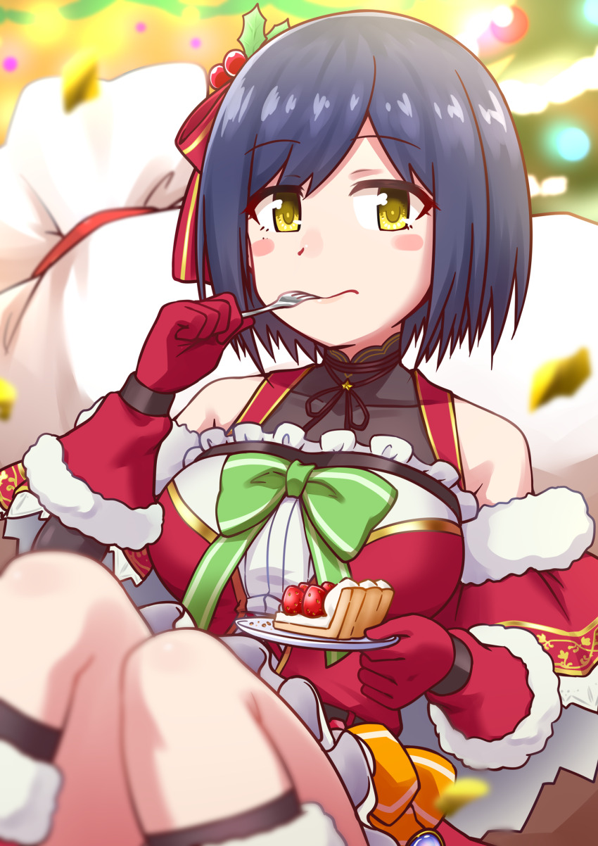 1girl blue_hair blurry blurry_background blurry_foreground bob_cut bow capelet christmas commentary depth_of_field dress eating food fork frilled_dress frills fur-trimmed_capelet fur_trim gloves goriate green_bow hair_ornament highres holding holding_fork holding_saucer holly_hair_ornament looking_at_viewer mole mole_under_eye nijisanji red_capelet sack santa_gloves saucer shizuka_rin short_dress short_hair sitting solo tart_(food) virtual_youtuber yellow_eyes