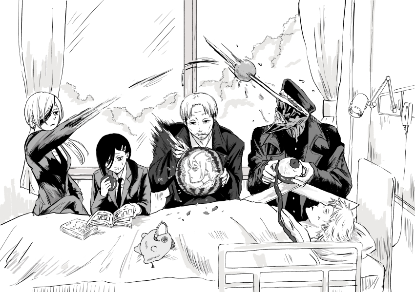 2girls 3boys alternate_hair_length alternate_hairstyle apple bed book carving chainsaw_man closed_mouth commentary_request denji_(chainsaw_man) eating food food_in_mouth formal_clothes fruit higashiyama_kobeni highres holding holding_book hospital hospital_bed iing_naoe indoors katana_man_(chainsaw_man) kishibe_(chainsaw_man) long_hair long_sleeves lying monochrome multiple_boys multiple_girls necktie on_back open_book open_mouth quanxi_(chainsaw_man) reading shirt short_hair sitting suit throwing watermelon