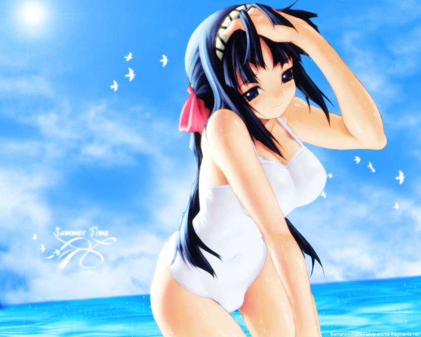 1girl adjusting_hair arm_up beach bird black_hair blue_eyes blue_hair breasts casual_one-piece_swimsuit cleavage cloud covered_navel day female_focus hairband kawata_hisashi kuwashima_takako large_breasts leaning_forward long_hair matching_hair/eyes ocean one-piece_swimsuit outdoors sky smile solo sun swimsuit tasogare wading water wet white_one-piece_swimsuit white_theme