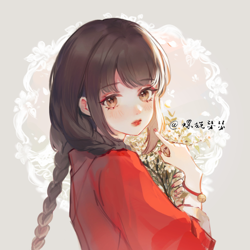 1girl artist_name bell blunt_bangs bouquet bracelet braid brown_eyes brown_hair chinese_clothes chinese_commentary closed_mouth commentary_request daisy expressionless eyelashes floral_background flower grey_background hair_half_over_shoulder hanfu highres holding holding_bouquet hundred_demon_spectrum jewelry light_blush lipstick long_hair long_sleeves looking_at_viewer looking_back low_twin_braids luoxuan_sese makeup nail_polish parted_bangs pointing pointing_at_self red_hanfu red_lips red_nails solo tao_yao_(hundred_demon_spectrum) three-quarter_sleeves twin_braids upper_body very_long_hair white_flower wrist_bell