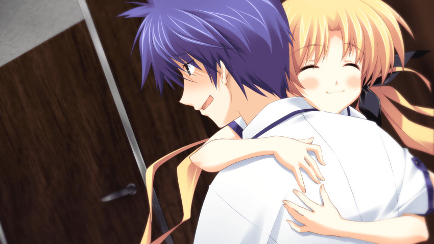 1boy 1girl 3d_background :3 black_bow black_ribbon blue_hair blush bow chaos;head chaos;head_love_chu_chu! closed_eyes closed_mouth door_handle dutch_angle fingernails from_behind game_cg grey_eyes hair_bow hair_ribbon happy hug long_hair matsuo_yukihiro multiple_hair_bows narrowed_eyes nishijou_takumi official_art open_mouth orihara_kozue plaid_clothes plaid_sleeves plaid_trim purple_trim ribbon school_uniform short_sleeves smile smug spiked_hair suimei_school_uniform suimei_summer_uniform swept_bangs tongue twintails