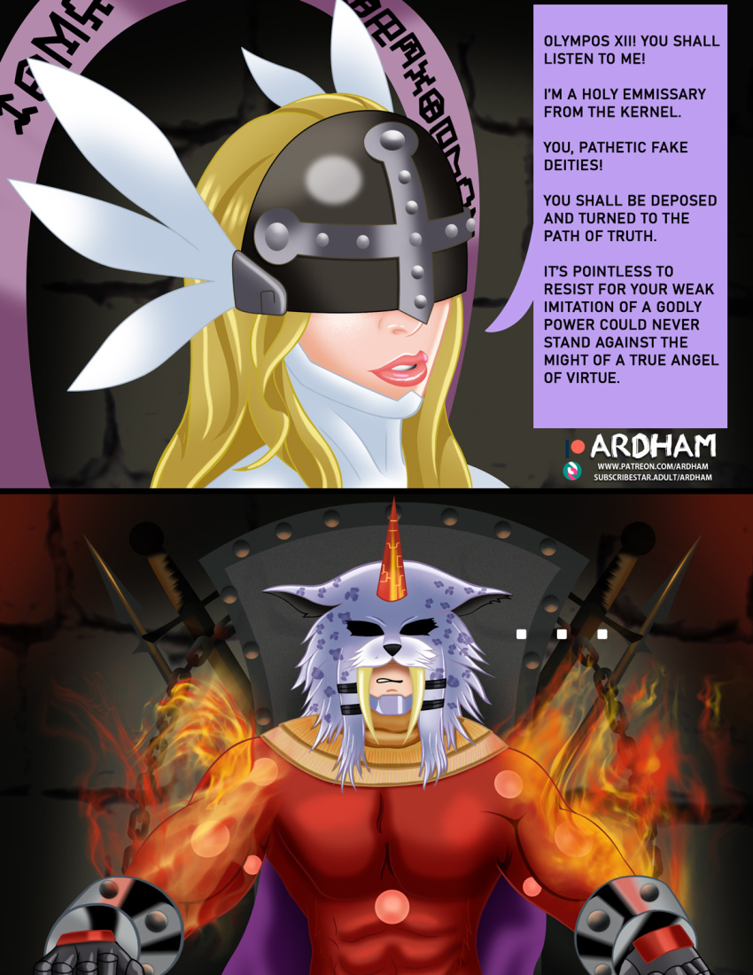 1boy 1girl angel angel_girl angewomon digimon digimon_(creature) head_wings highres lipstick long_hair makeup marsmon mask wings