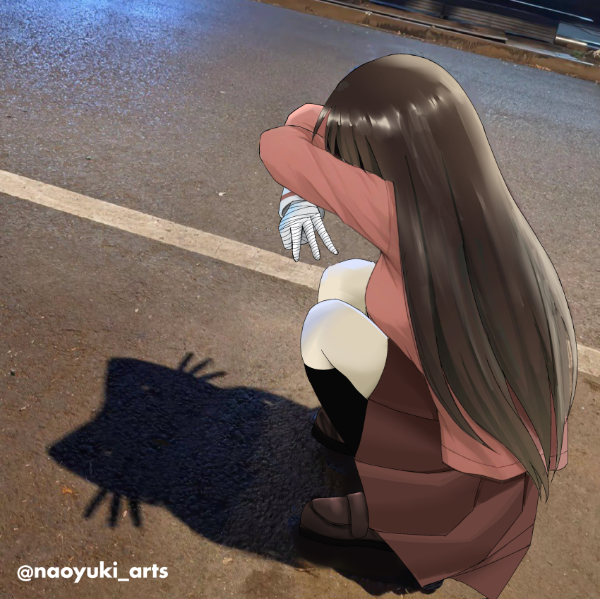 1girl absurdres arms_up azumanga_daioh&#039;s_school_uniform azumanga_daiou bandaged_hand bandages black_socks brown_hair brown_shoes cat_shadow_puppet_(meme) double_w from_side full_body highres long_hair meme middle_w naoyuki_arts photo_background pleated_skirt red_shirt red_skirt road sakaki_(azumanga_daioh) school_uniform shadow shadow_puppet shirt shoes skirt socks solo squatting twitter_username very_long_hair w