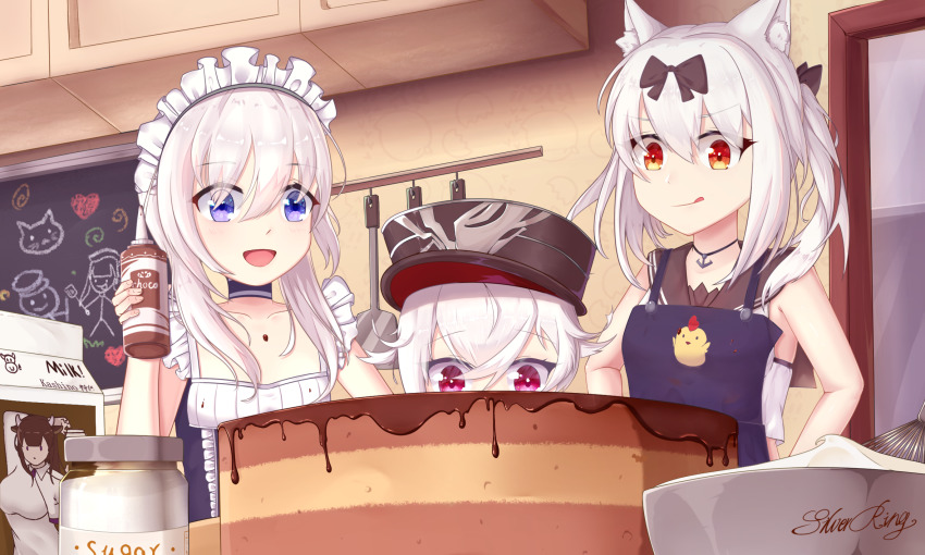 3girls apron azur_lane baking bowl cake chocolate chocolate_cake food highres jar kashino_(azur_lane) kitchen layer_cake little_bel_(azur_lane) maid maid_headdress manjuu_(azur_lane) milk multiple_girls sailor_collar shuojianghanyue spatula upper_body yukikaze_(azur_lane) zeppy_(azur_lane)