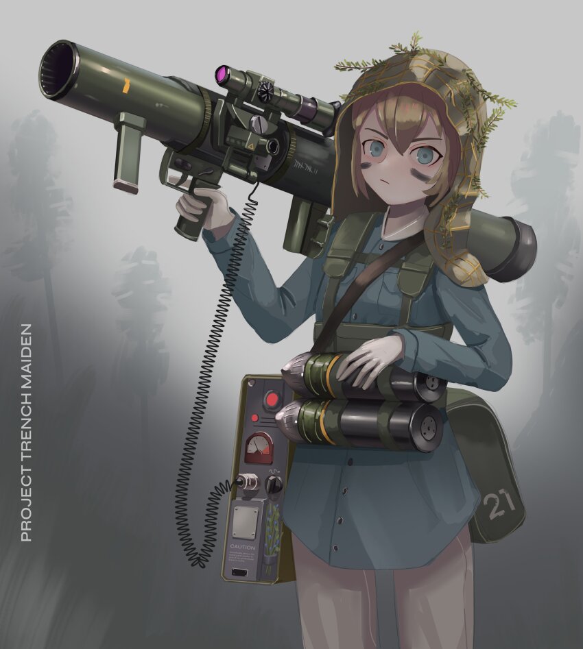 1girl 84x245mm_r_rcl absurdres ammunition blue_dress blue_eyes carl_gustaf_recoilless_rifle dress english_text gloves green_headwear highres kill_markings klottinen long_sleeves looking_at_viewer optical_sight original rocket_launcher scope serious solo tally tree weapon white_gloves