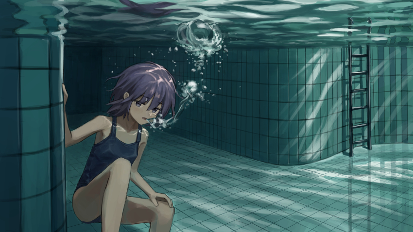 1girl absurdres air_bubble an_yb blowing_bubbles bubble head_submerged highres in_water looking_at_viewer one-piece_swimsuit original pool pool_ladder purple_eyes purple_hair shadow solo submerged sunlight swimsuit tile_floor tile_wall tiles underwater