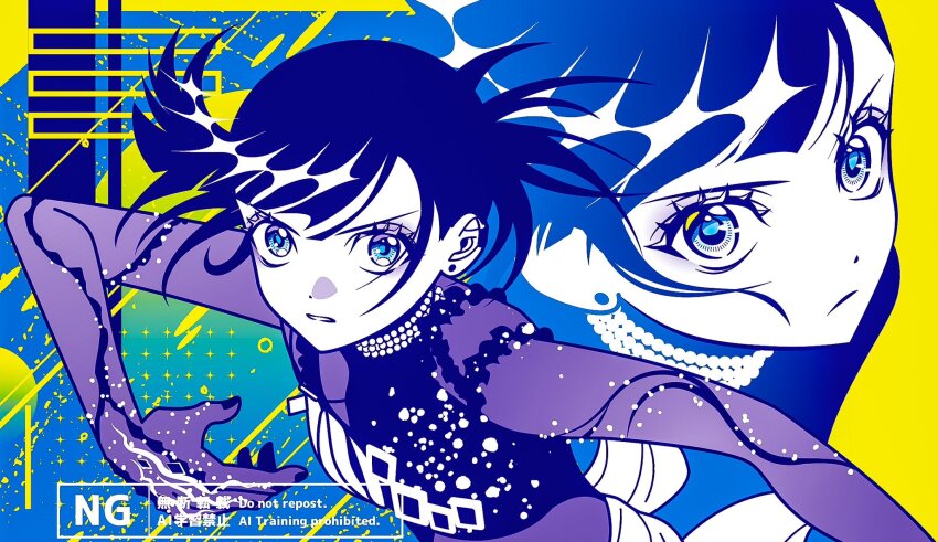 1girl black_hair blue_eyes figure_skating_dress flat_color highres looking_at_viewer medalist_(manga) multiple_views okazaki_iruka pearl_choker ujiharu watermark yellow_background