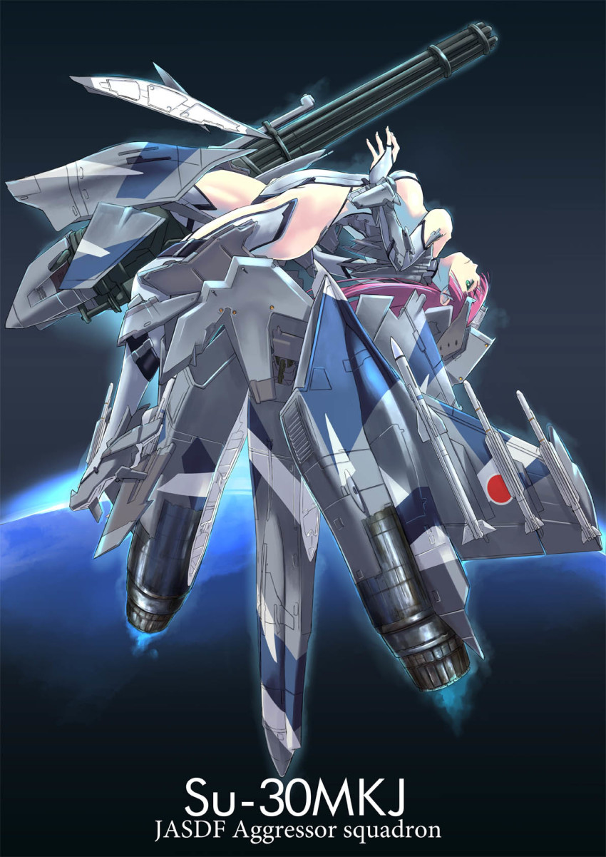 1girl autocannon bridal_gauntlets cannon commentary_request female_focus gatling_gun green_eyes gun highres long_hair mecha_musume missile nenchi original personification red_hair rotary_cannon solo su-30 thrusters weapon