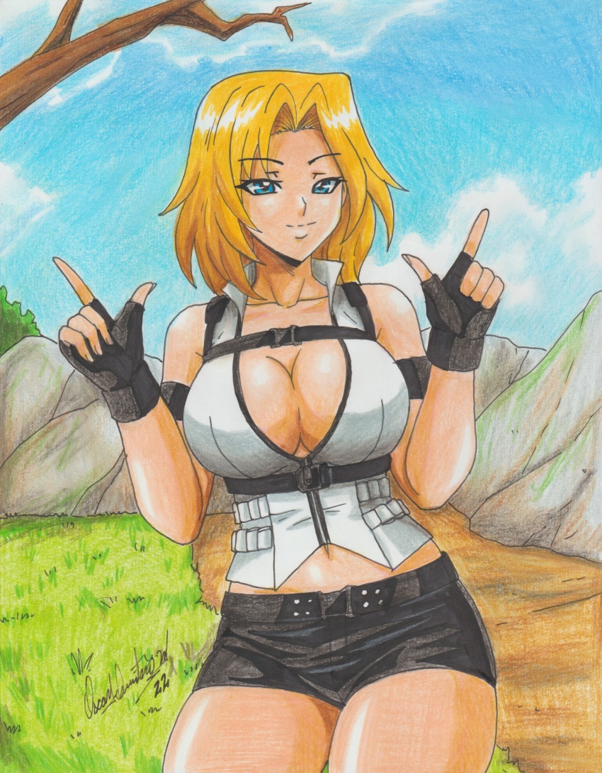 1girl 2022 absurdres arms_up artist_name belt black_gloves black_shorts blonde_hair blue_eyes breasts cleavage collarbone dead_or_alive female_focus finger_gun fingerless_gloves gloves grass highres medium_breasts medium_hair navel outdoors ravernclouk_design shirt shorts sky sleeveless sleeveless_shirt smile solo thighs tina_armstrong traditional_media white_shirt