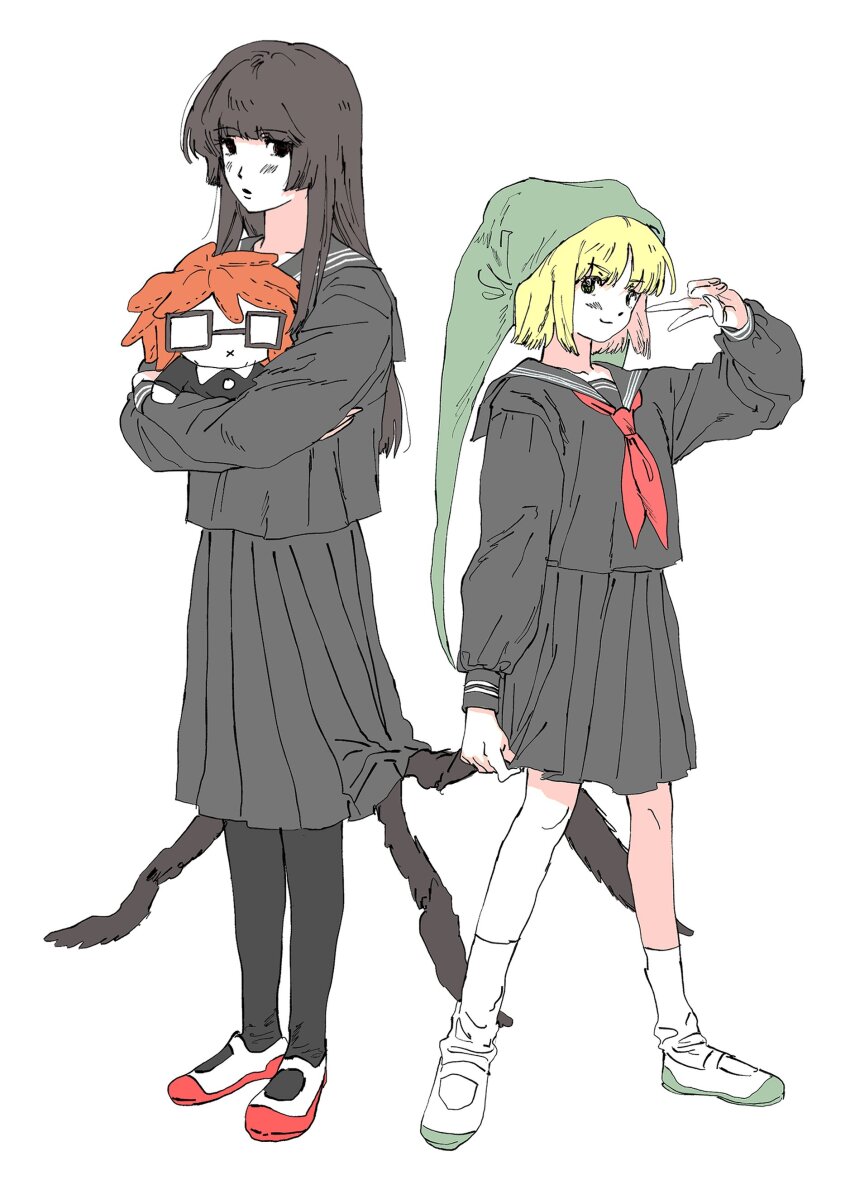 2girls 97ttwwaazz absurdres arthropod_girl arthropod_limbs avalona black_eyes black_hair black_serafuku blonde_hair character_doll doll hat highres holding holding_stuffed_toy insect_girl long_hair looking_at_viewer monster_girl multiple_girls randal&#039;s_friends randal_ivory school_uniform serafuku simple_background spider_girl spider_girl_(randal&#039;s_friends) standing stuffed_toy v white_background