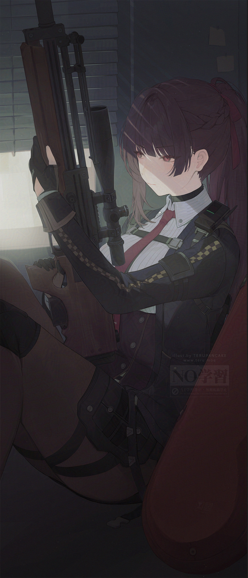 1girl absurdres asymmetrical_hair black_gloves black_jacket black_pantyhose blinders blush bullpup closed_mouth collared_shirt commentary corset english_commentary girls&#039;_frontline girls&#039;_frontline_2:_exilium gloves gun hair_ribbon highres holding holding_gun holding_weapon indoors instrument_case jacket makiatto_(girls&#039;_frontline_2) necktie open_clothes open_jacket pantyhose partially_fingerless_gloves ponytail purple_corset purple_hair red_eyes red_necktie red_ribbon ribbon rifle scope shirt sitting sniper_rifle solo striped_clothes striped_shirt terupancake wa2000_(girls&#039;_frontline) walkie-talkie walther walther_wa_2000 watermark weapon