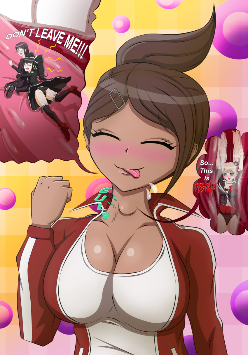 4girls absurdres asahina_aoi ass blush breasts celestia_ludenberg cleavage danganronpa:_trigger_happy_havoc danganronpa_(series) dark-skinned_female dark_skin english_text enoshima_junko closed_eyes fukawa_toko giant giantess hanging_on highres inside_creature jacket large_breasts multiple_girls panties red_jacket saliva standing swallowing teeth thedaibajin throat throat_bulge tongue tongue_out underwear upper_body vore