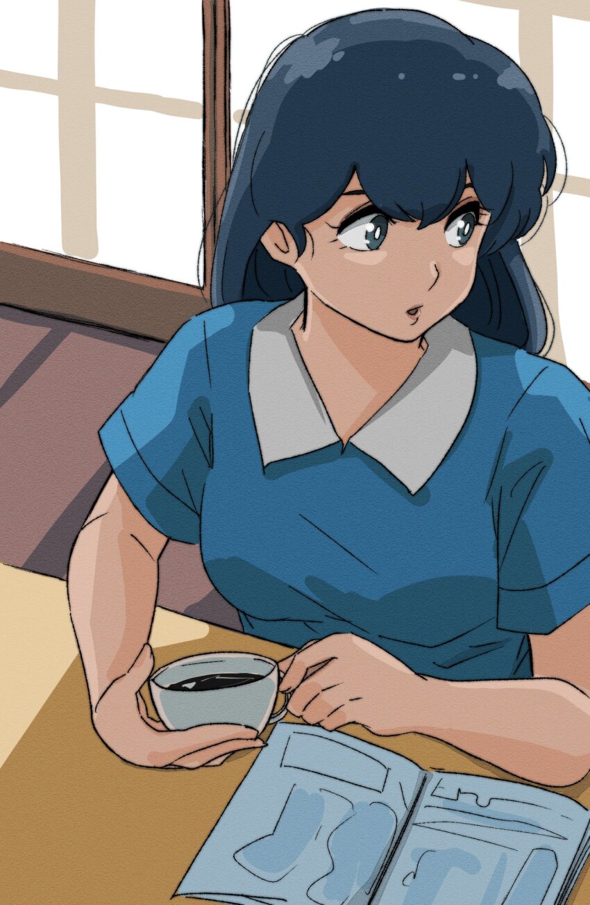 1girl against_window blue_eyes blue_hair coffee collared_dress dress highres holding maison_ikkoku non-web_source otonashi_kyouko photo_album poppowerhearts remembering sitting solo window_shadow