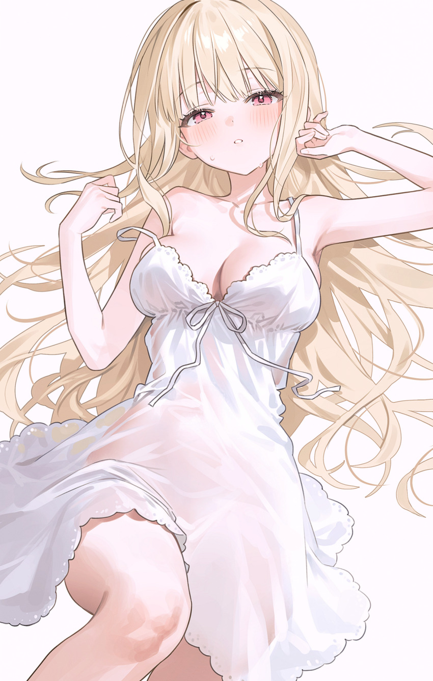 1girl arm_up armpits bare_arms bare_shoulders blonde_hair breasts cleavage dress fymrie hand_up highres knee_up long_hair looking_at_viewer lying medium_breasts on_back original parted_lips red_eyes see-through_clothes see-through_dress simple_background skindentation sleeveless sleeveless_dress solo spaghetti_strap strap_slip sweat very_long_hair white_background white_dress