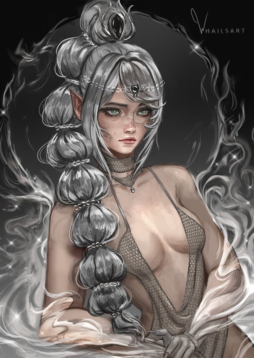 1girl baldur&#039;s_gate baldur&#039;s_gate_3 braid breasts dress dungeons_&amp;_dragons elf green_eyes hair_ornament highres long_braid long_hair looking_at_viewer multi-tied_hair pointy_ears revealing_clothes scar scar_on_face scar_on_nose shadowheart_(baldur&#039;s_gate) solo whails white_hair