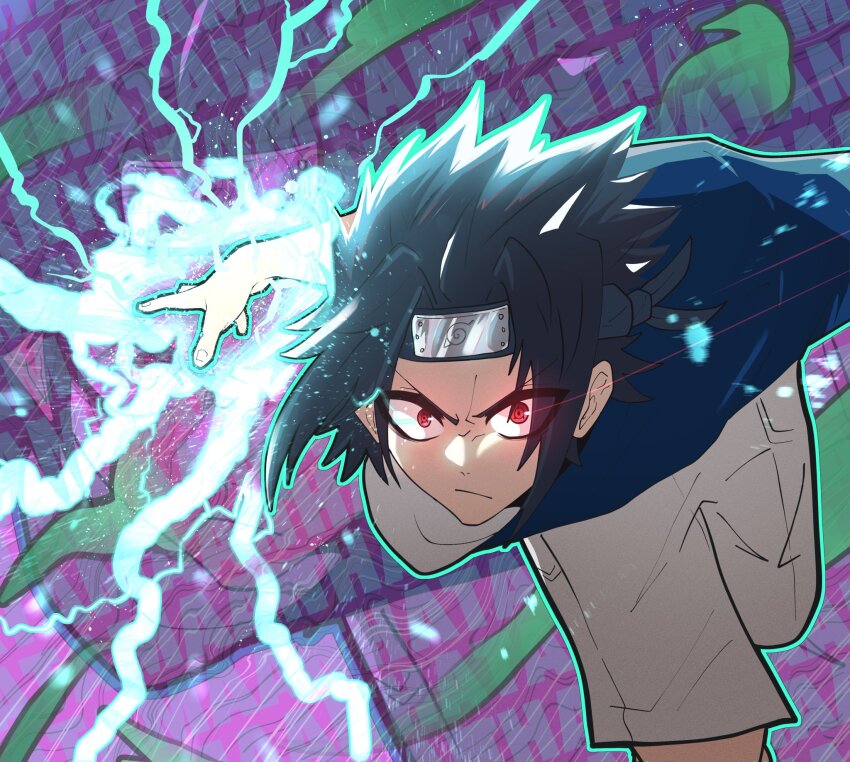 1boy artist_name black_hair blue_shirt chidori_(naruto) electricity electrokinesis forehead_protector grey_shorts highres incoming_attack konohagakure_symbol leaning_forward looking_at_viewer male_focus naruto_(classic) naruto_(series) red_eyes sharingan shirt short_sleeves shorts solo text_background thatamaan tomoe_(symbol) uchiha_sasuke v-shaped_eyebrows