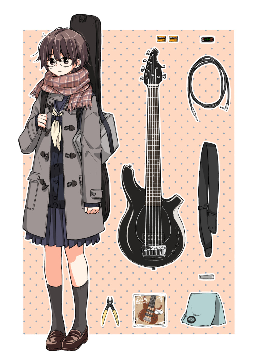 1girl 6-string_bass_guitar bag bass_guitar battery black_eyes black_shoes black_socks blue_cardigan blue_serafuku border brown_hair cable cardigan coat commentary_request duffel_coat expressionless extended_range_bass_guitar glasses grey_coat guitar_case guitar_strap hair_between_eyes hand_up highres holding_strap instrument instrument_case kneehighs loafers long_sleeves matsuda_hikari music_man_bongo neckerchief original pink_scarf plaid_clothes plaid_scarf polka_dot polka_dot_background scarf school_bag school_uniform serafuku shoes short_hair shoulder_bag socks solo white_border white_neckerchief wire_cutters