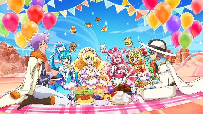 2boys 4girls :d ^_^ absurdres apron black_pepper_(precure) blonde_hair blue_bow blue_dress blue_hair blue_sky bow bowl brooch cape choker chopsticks closed_eyes closed_mouth cloud coat coat_on_shoulders cure_finale cure_precious cure_spicy cure_yum-yum day delicious_party_precure desert diadem double_bun dress earrings eating floating_hair fork fuwa_kokone gloves grey_hair hair_bow hair_bun hanamichi_ran hat heart heart_brooch highres holding holding_bowl holding_chopsticks holding_fork indian_style jacket jewelry kasai_amane kneeling kome-kome long_hair long_sleeves makeup mascara mem-mem_(precure) multiple_boys multiple_girls nagomi_yui open_mouth orange_dress outdoors pam-pam pants pink_dress pink_hair precure purple_hair recipipi red_bow red_choker rice_bowl rosemary_(precure) shinada_takumi short_hair sitting sky smile very_long_hair waist_apron wariza white_apron white_cape white_coat white_gloves white_headwear white_jacket white_pants