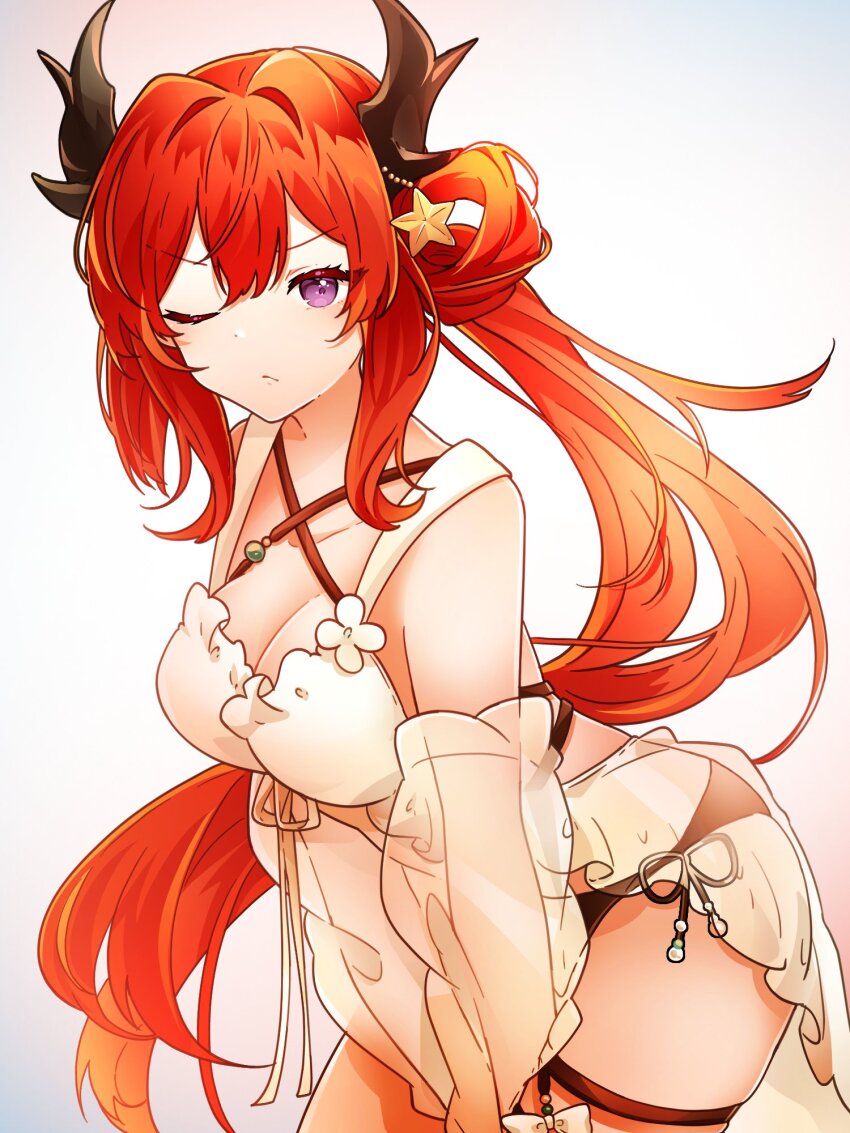 1girl arknights aza_nonoka breasts cleavage commentary dress hair_intakes hair_ornament hair_rings highres horns long_hair looking_at_viewer medium_breasts official_alternate_costume one_eye_closed purple_eyes red_hair side_ponytail sidelocks single_hair_ring solo star_(symbol) star_hair_ornament surtr_(arknights) surtr_(colorful_wonderland)_(arknights) thigh_strap thighs very_long_hair white_dress