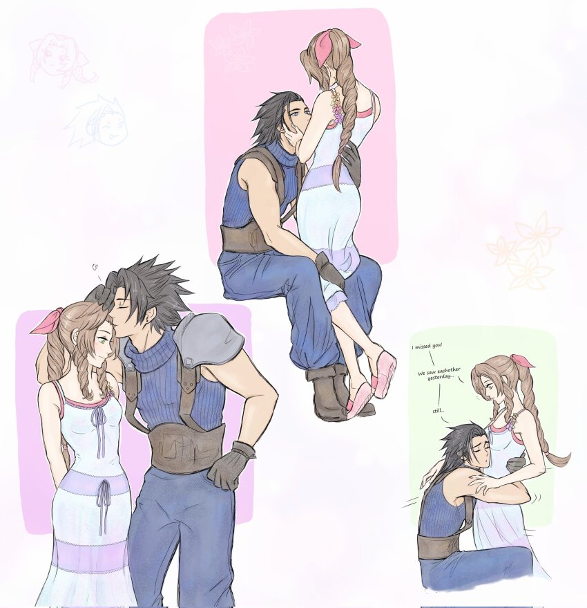 1boy 1girl aerith_gainsborough anna_m armor arms_behind_back baggy_pants bare_shoulders black_hair blue_eyes blue_pants blue_sweater boots braid braided_ponytail brown_boots brown_hair commentary couple crisis_core_final_fantasy_vii dress english_commentary english_text feet_out_of_frame final_fantasy final_fantasy_vii full_body green_eyes hair_ribbon hand_on_another&#039;s_back hands_on_another&#039;s_cheeks hands_on_another&#039;s_face hetero highres hug kiss kissing_forehead long_hair looking_at_another looking_at_viewer multiple_views pants parted_bangs pink_ribbon ponytail ribbed_sweater ribbon sandals shoulder_armor sitting sleeveless sleeveless_dress sleeveless_turtleneck spiked_hair standing sweater turtleneck turtleneck_sweater zack_fair