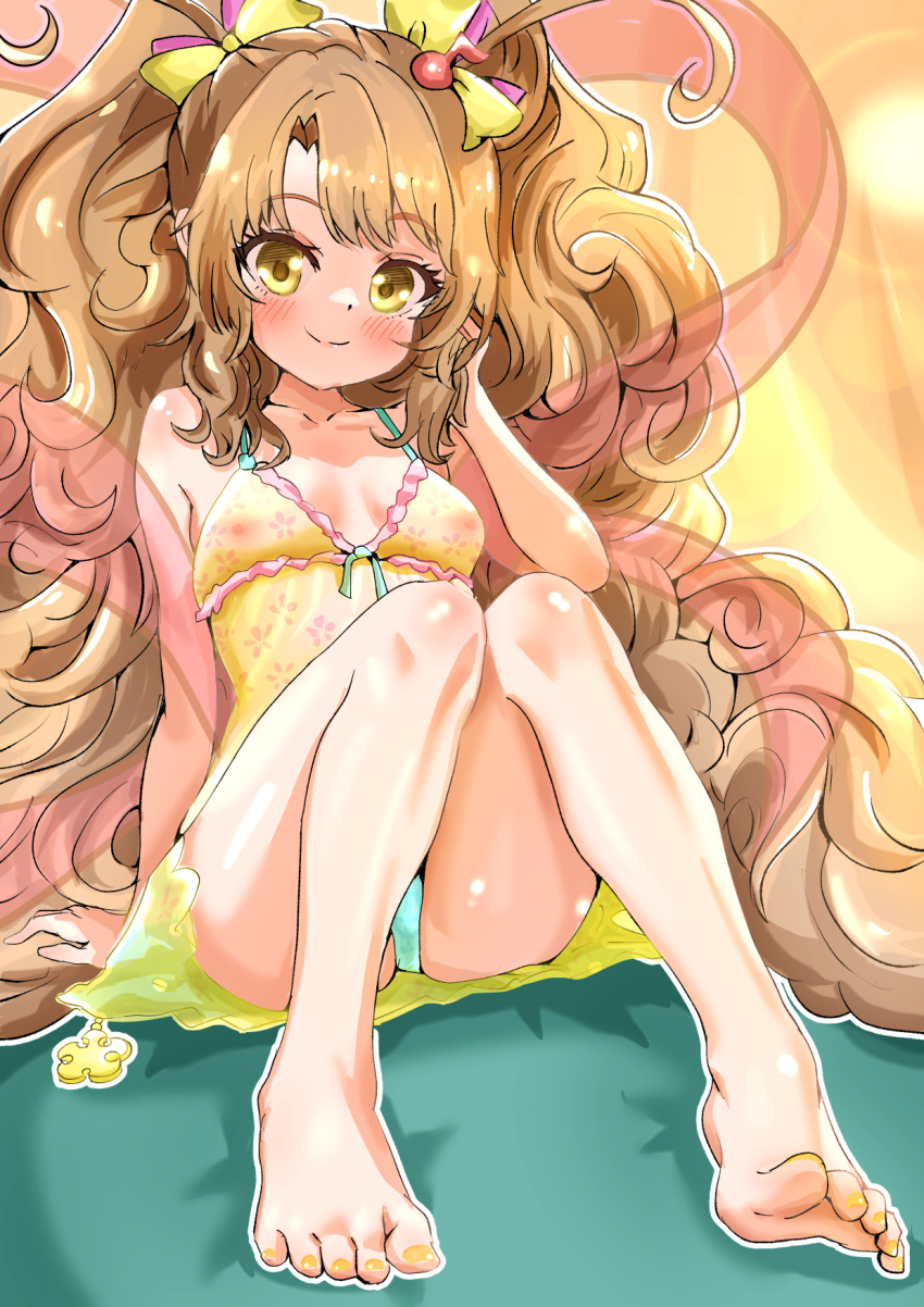 1girl barefoot benzaiten_(monster_strike) blush brown_hair chappu_(chapillust) feet highres long_hair looking_at_viewer monster_strike nipples panties pantyshot see-through_clothes smile soles toes underwear yellow_eyes