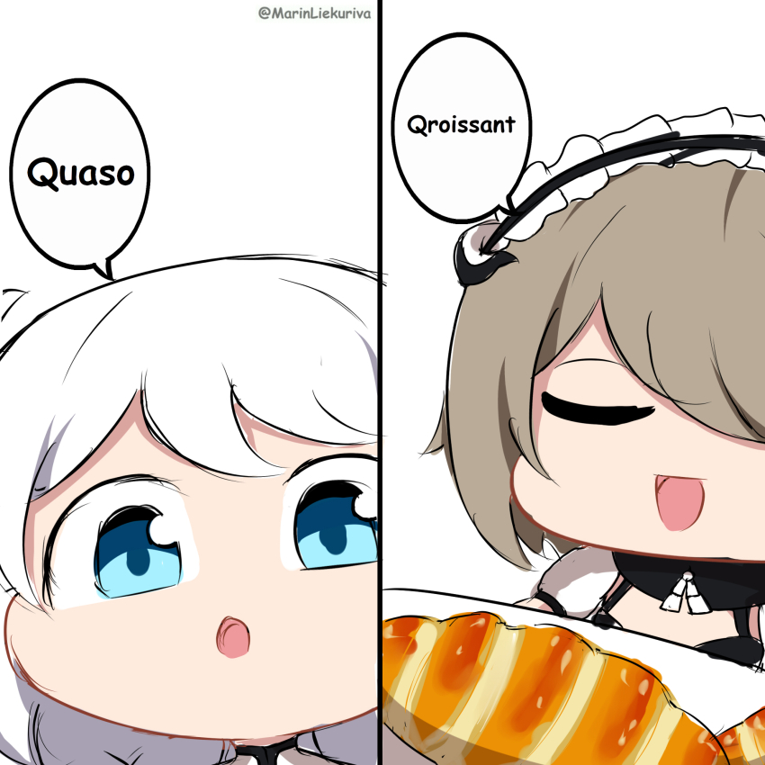 2girls 2koma :o blue_eyes brown_hair closed_eyes comic croissant english_text food highres honkai_(series) honkai_impact_3rd jimmy_neutron_(series) kiana_kaslana kiana_kaslana_(white_comet) maid_headdress marin_liekuriva multiple_girls open_mouth parody rita_rossweisse rita_rossweisse_(umbral_rose) speech_bubble twitter_username white_hair