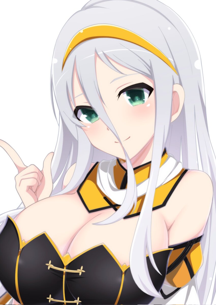 1girl armpit_crease bare_shoulders betterthanbone2 black_corset blush breasts cleavage closed_mouth corset detached_collar detached_sleeves gekkou_(senran_kagura) gold_trim green_eyes grey_hair hair_between_eyes hairband highres large_breasts long_hair looking_at_viewer pointing senran_kagura senran_kagura_new_link sidelocks simple_background smile solo tareme white_background yellow_hairband