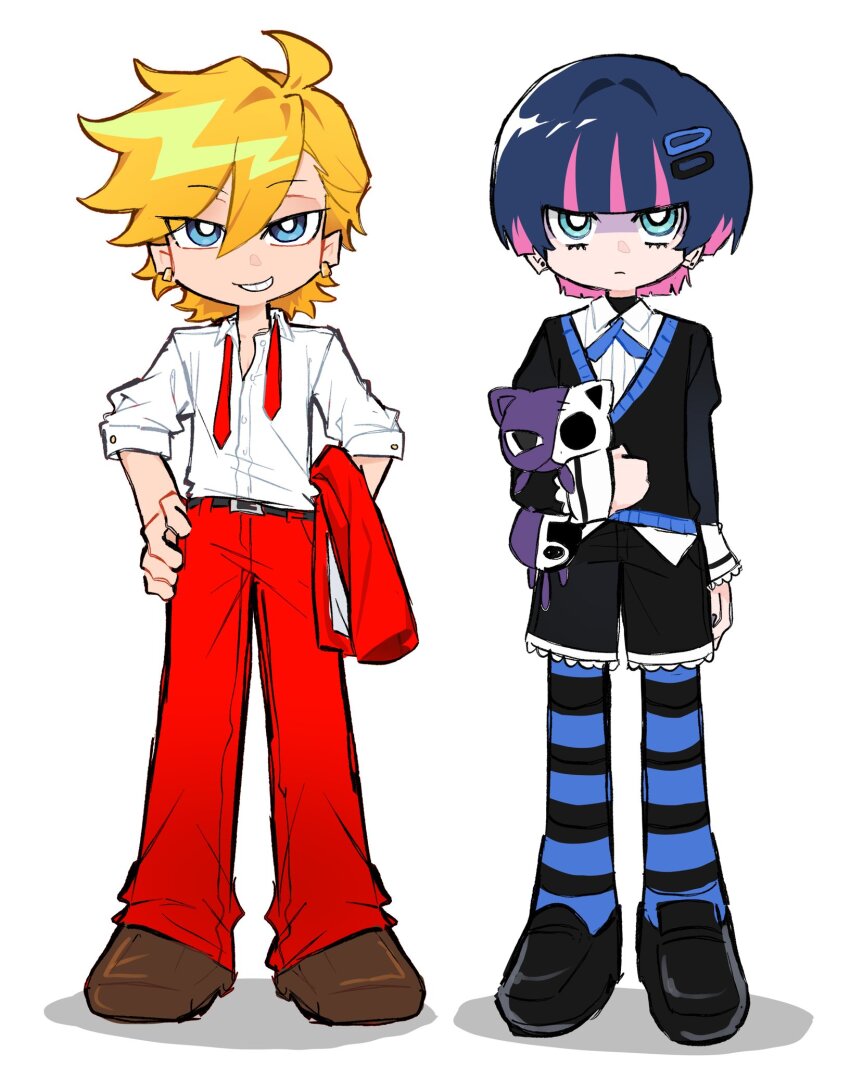 2boys animal belt black_belt black_hair black_pantyhose black_shoes black_shorts blue_pantyhose blunt_bangs brown_shoes cat earrings genderswap genderswap_(ftm) grin hair_ornament hairclip highres holding holding_animal holding_cat jewelry multiple_boys necktie pants panty_&amp;_stocking_with_garterbelt panty_(psg) pantyhose pink_hair red_necktie red_pants shirt shoes short_hair shorts simple_background smile stocking_(psg) striped_clothes striped_pantyhose teeth undone_necktie wannwari white_background white_shirt