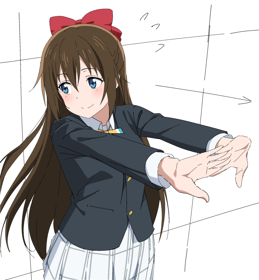 1girl arrow_(symbol) averting_eyes blue_eyes blush bow brown_hair closed_mouth collared_shirt commentary cowboy_shot dress_shirt hair_between_eyes hair_bow half_updo hatenoga highres long_hair long_sleeves looking_to_the_side love_live! love_live!_nijigasaki_high_school_idol_club miniskirt neck_ribbon nijigasaki_school_uniform osaka_shizuku outstretched_arms plaid_clothes plaid_skirt pleated_skirt red_bow ribbon school_uniform shirt sidelocks simple_background skirt smile solo split_mouth standing stretching white_background white_shirt white_skirt winter_uniform yellow_ribbon