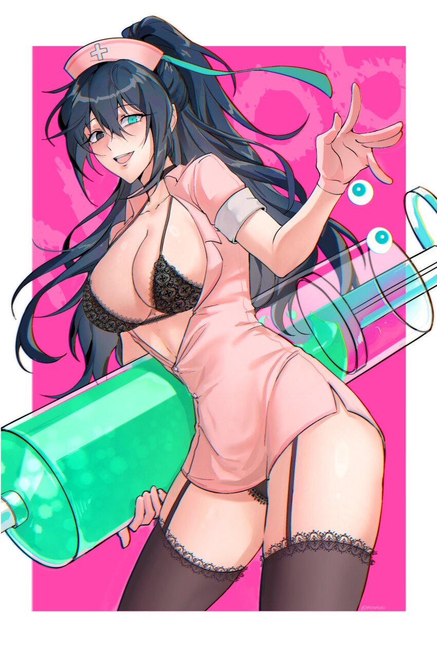 1girl :d absurdres ambiguous_green_liquid black_bra black_choker black_eyes black_hair black_lace_trim blue_eyes border bra breasts brown_garter_straps brown_panties brown_thighhighs choker cleavage collarbone collared_dress commentary cross dress eyeball garter_straps genderswap genderswap_(mtf) gloves hair_ribbon hat high_ponytail highres holding holding_syringe hong_lu_(project_moon) korean_commentary lace lace-trimmed_legwear lace-trimmed_panties lace_bra lace_trim large_breasts large_syringe limbus_company lingerie long_hair looking_at_viewer mena9030 nurse nurse_cap open_clothes open_dress open_mouth outside_border oversized_object panties panty_peek partially_unbuttoned pink_background pink_gloves pink_hat ponytail project_moon ribbon short_sleeves simple_background sleeve_cuffs smile solo syringe thighhighs underwear very_long_hair waving white_border