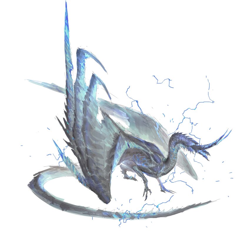 absurdres blue_eyes blue_wings claws dragon electricity full_body glowing glowing_eyes grey_scales highres horns leviair no_humans open_mouth original scales simple_background solo standing tail white_background wings