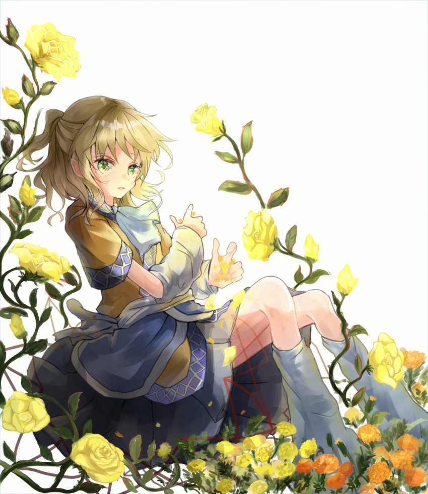 1girl arm_warmers black_skirt blonde_hair brown_shirt commentary_request feet_out_of_frame flower green_eyes half_updo highres leg_warmers looking_at_viewer looking_to_the_side mizuhashi_parsee open_mouth orange_flower plant pointy_ears ponytail rose sash scarf shirt short_hair short_ponytail short_sleeves skirt solo syukou touhou vines white_background white_leg_warmers white_legwear white_sash white_scarf yellow_flower