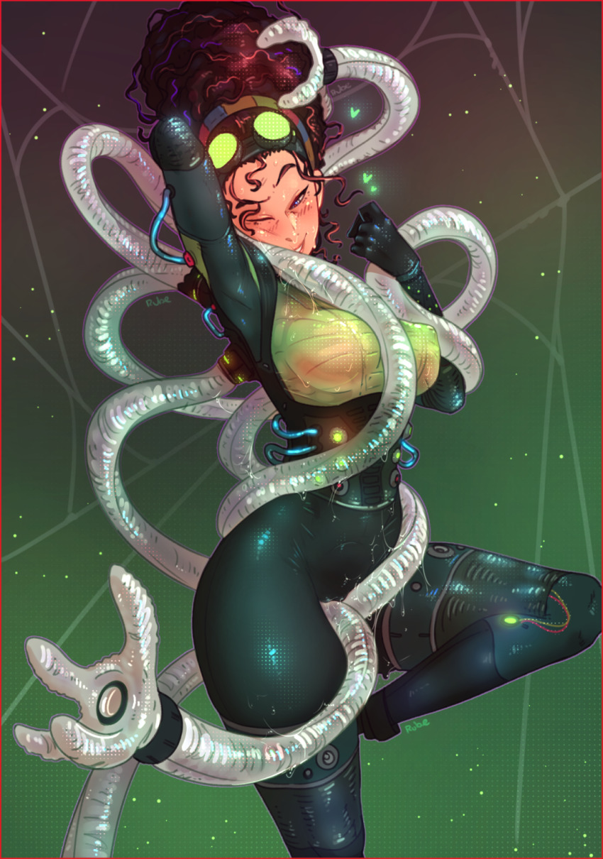 1girl arm_behind_head arm_up beckoning beehive_hairdo between_breasts between_legs blue_eyes blush bodysuit border breasts brown_hair commentary consensual_tentacles covered_erect_nipples doctor_octopus english_commentary goggles goggles_on_head green_bodysuit hairband heart highres justrube large_breasts marvel mechanical_tentacles olivia_octavius one_eye_closed red_border slime_(substance) solo spider-man:_into_the_spider-verse spider-man_(series) spider-verse standing standing_on_one_leg tentacles