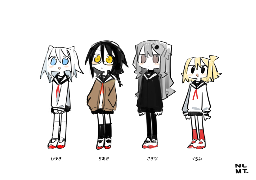 4girls agoshi_sakina ahoge arms_at_sides black_eyes black_hair black_pantyhose black_shirt black_skirt black_socks blonde_hair blue_eyes blush_stickers brown_cardigan brown_eyes cardigan character_name chibi closed_mouth copyright_name fish_hair_ornament full_body glasses grey_hair hair_horns hair_ornament hands_in_pockets kneehighs kokaki_mumose lineup long_hair looking_at_viewer medium_hair multiple_girls null-meta open_cardigan open_clothes pantyhose red_socks school_uniform serafuku shirt shoes short_hair simple_background skirt smile socks souen_chiaki standing takada_shiyuki triangle_mouth uozumi_kurumi uwabaki v_arms white_background white_hair white_shirt white_socks yellow_eyes