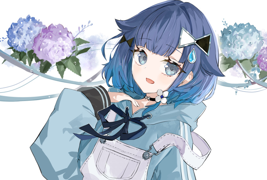 1girl absurdres black_choker blue_eyes blue_hair blue_hoodie blunt_bangs choker drawstring flower hair_flower hair_intakes hair_ornament hairpin highres hood hood_down hoodie long_sleeves looking_at_viewer medium_hair open_mouth overalls parted_bangs pointy_hair puffy_long_sleeves puffy_sleeves ryoma_(rym_369) single_sidelock solo strap_slip striped_clothes striped_hoodie tied_drawstring tsumugi_kokage upper_body virtual_youtuber vspo!