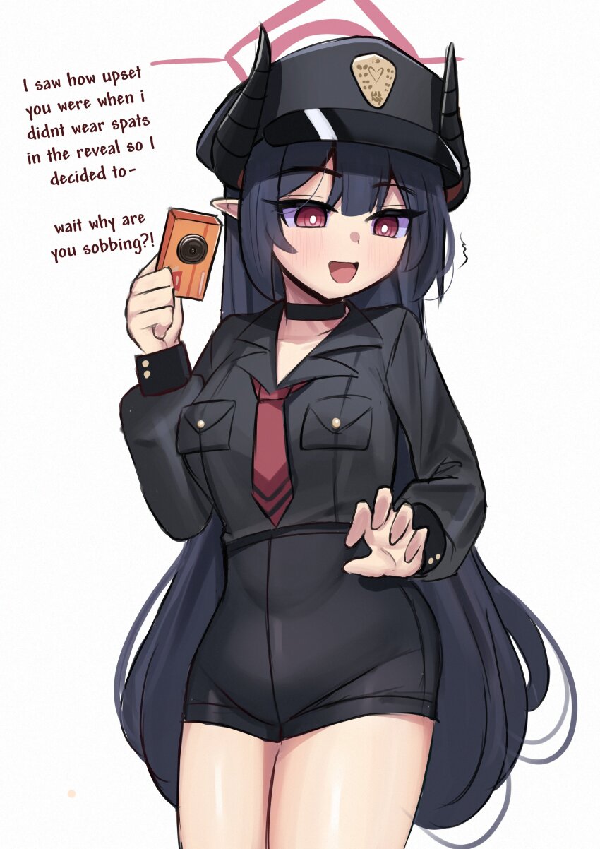 1girl absurdres bike_shorts black_hair black_horns black_shorts blue_archive breasts camera chiaki_(blue_archive) choker demon_horns digital_camera english_text halo hat highres holding holding_camera horns iog626 long_hair long_sleeves necktie open_mouth peaked_cap pointy_ears red_eyes shorts