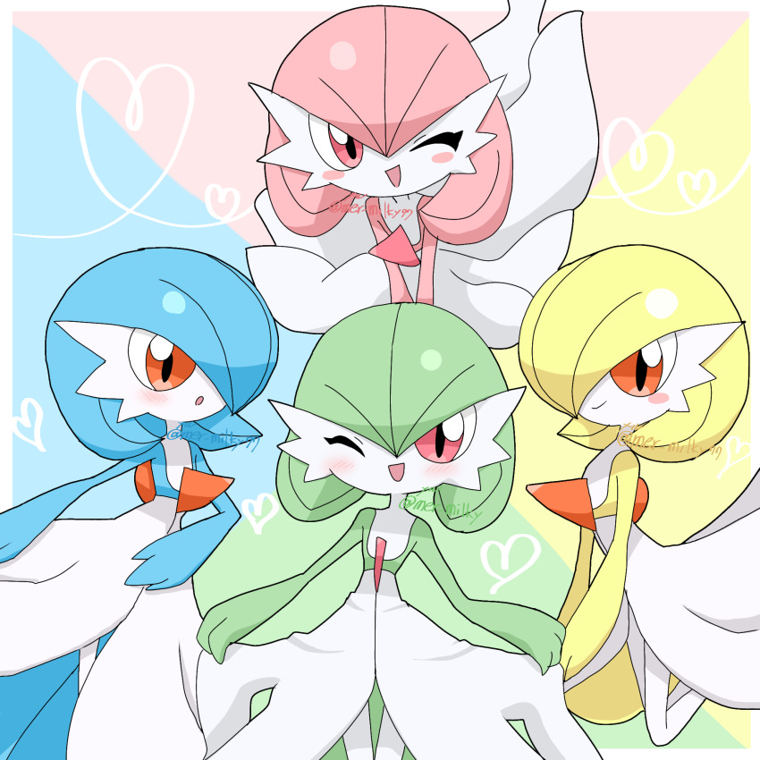 4girls alternate_color alternate_shiny_pokemon artist_name blonde_hair blue_hair blue_skin blush blush_stickers bob_cut border closed_mouth colored_skin cowboy_shot curtsey female_focus flat_chest gardevoir gen_3_pokemon green_hair green_skin hair_between_eyes hair_over_one_eye happy heart highres leaning_forward legs_together meru_(mer_milky77) multicolored_background multicolored_skin multiple_girls nintendo one_eye_closed one_eye_covered open_mouth outside_border pink_hair pink_skin pokemon pokemon_(creature) shiny_pokemon short_hair signature smile standing twitter_username two-tone_skin v_arms white_border white_skin wink yellow_skin