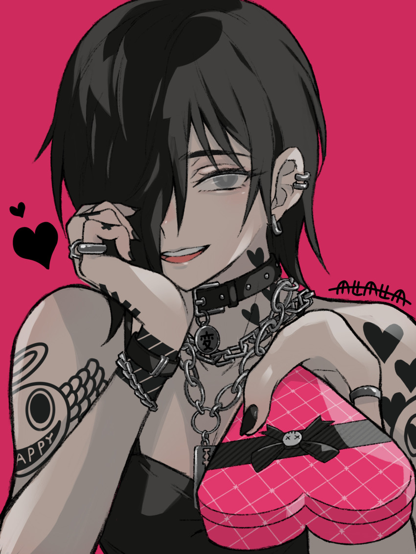 1girl arm_support arm_tattoo bare_shoulders belt_collar black_hair black_nails black_tank_top box chain chain_bracelet collar commentary ear_piercing fingernails grey_eyes hair_over_one_eye hand_tattoo head_rest heart heart-shaped_box heart_tattoo highres incoming_gift jewelry judy_(sushi_pizza_rrr) looking_at_viewer medium_hair multiple_piercings multiple_rings neck_tattoo open_mouth original piercing pink_background portrait ring shoulder_tattoo simple_background smile solo sushi_pizza_rrr symbol-only_commentary tank_top tattoo teeth upper_body upper_teeth_only valentine