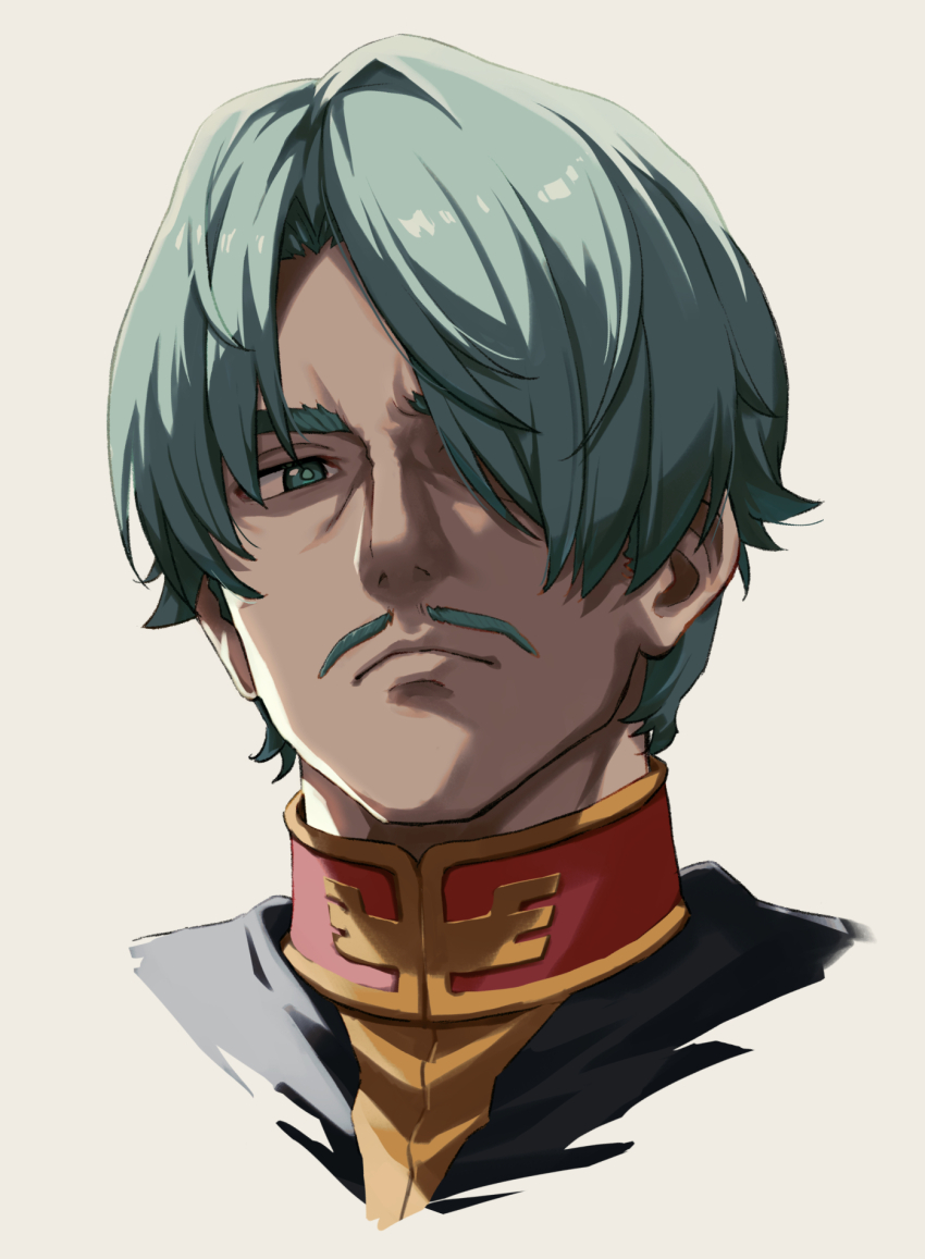 1boy brown_background challia_bull close-up commentary_request facial_hair green_eyes green_hair gundam gundam_gquuuuuux hair_over_one_eye highres looking_at_viewer military_uniform mustache nanaku_teiru portrait short_hair simple_background solo upper_body