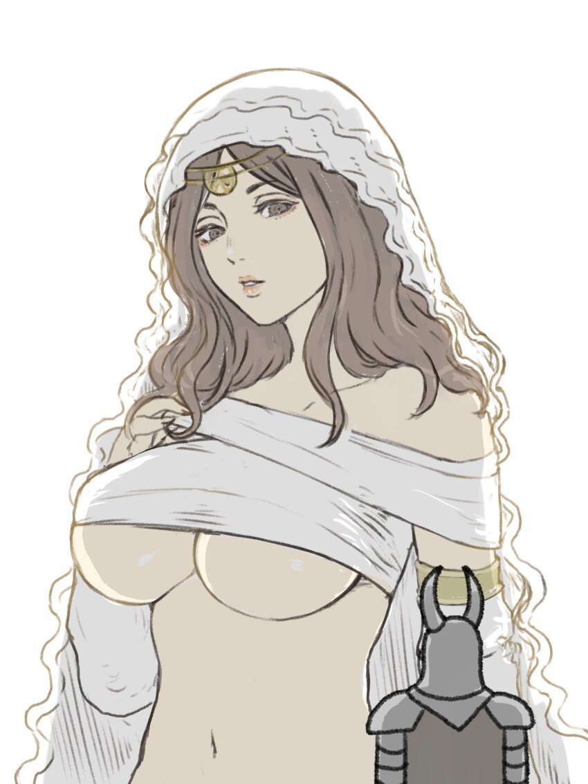 1girl armor breasts brown_hair cleavage dark_souls_(series) dark_souls_i fake_horns full_armor grey_background helm helmet highres horned_helmet horns large_breasts long_hair navel queen_of_sunlight_gwynevere shiny_skin shoulder_plates simple_background solo_focus upper_body veil yamanobori
