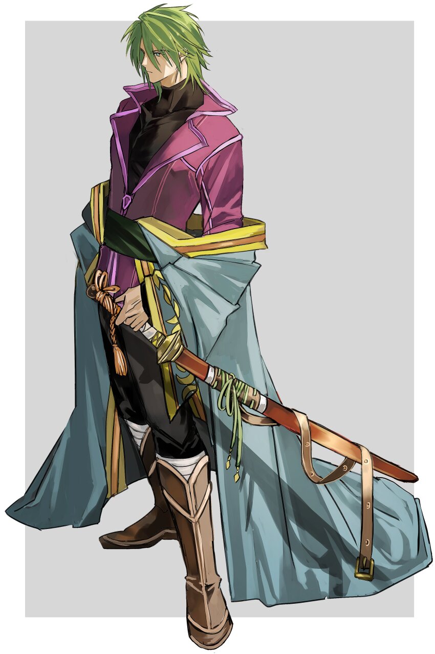 1boy absurdres belt black_pants blue_eyes boots border brown_boots closed_mouth coat commentary_request fire_emblem fire_emblem:_path_of_radiance fire_emblem:_radiant_dawn full_body green_hair grey_background highres looking_ahead male_focus medium_hair nintendo omlililimo outside_border pants purple_coat simple_background solo standing stefan_(fire_emblem) white_border