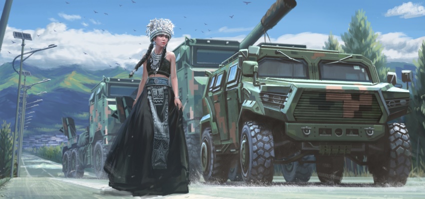 1girl artillery black_dress braid cloud dongfeng_csk-181 dress highres lamppost miao_clothes military military_vehicle motor_vehicle mountainous_horizon original paid_reward_available painting_(medium) pcl-171 people&#039;s_liberation_army people&#039;s_liberation_army_ground_force road self-propelled_artillery shouhui_lang_qun sky solo tank traditional_media tree yunnan_province