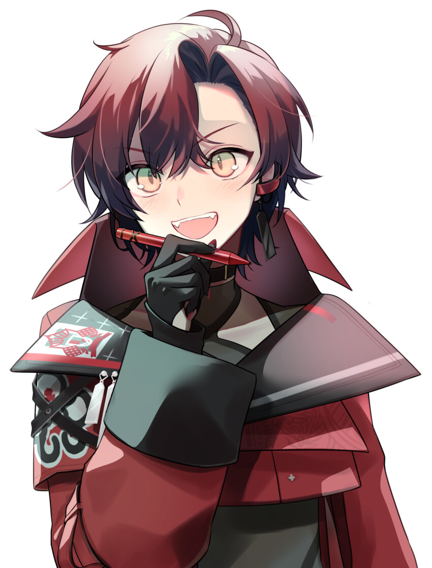 1boy ahoge black_choker black_gloves black_hair choker cropped_jacket earrings fangs gloves gradient_hair green_eyes hair_between_eyes half_gloves highres holding holding_stylus holostars holostars_english jewelry looking_ahead luma8b machina_x_flayon male_focus multicolored_hair open_mouth red_hair short_hair slit_pupils smile solo stylus two-tone_hair upper_body virtual_youtuber white_background