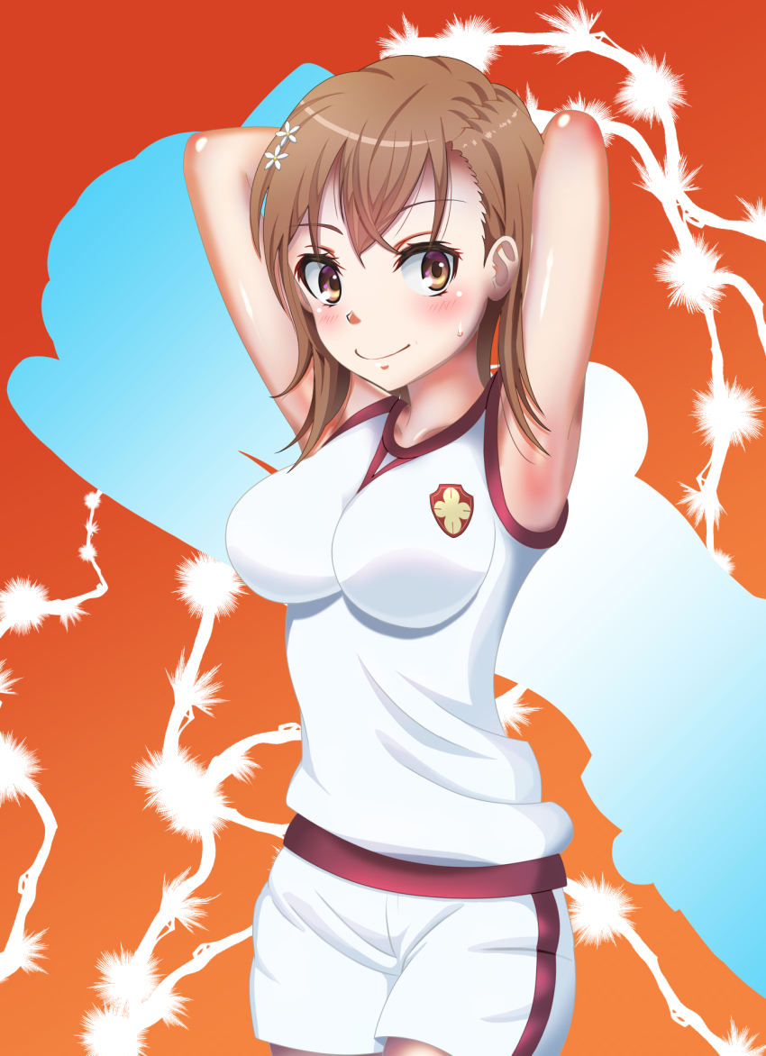 1girl alternate_breast_size armpits arms_behind_head breasts brown_eyes brown_hair highres large_breasts legs looking_at_viewer medium_hair misaka_mikoto shorts smile solo sports_uniform sportswear thighs toaru_kagaku_no_railgun toaru_majutsu_no_index