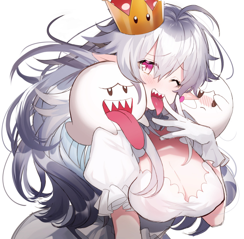 1girl antenna_hair blush boo_(mario) breasts cleavage collar crown detached_collar dress frilled_collar frilled_dress frilled_gloves frills gloves hair_between_eyes hand_on_own_face highres large_breasts long_hair looking_at_viewer luigi&#039;s_mansion mario_(series) new_super_mario_bros._u_deluxe nintendo one_eye_closed open_mouth pointy_ears pomu_(pomu_me) princess_king_boo puffy_short_sleeves puffy_sleeves red_eyes sharp_teeth short_sleeves sidelocks simple_background slit_pupils solo_focus super_crown teeth tilted_headwear tongue tongue_out upper_body upper_teeth_only very_long_hair wavy_hair white_background white_dress white_gloves white_hair