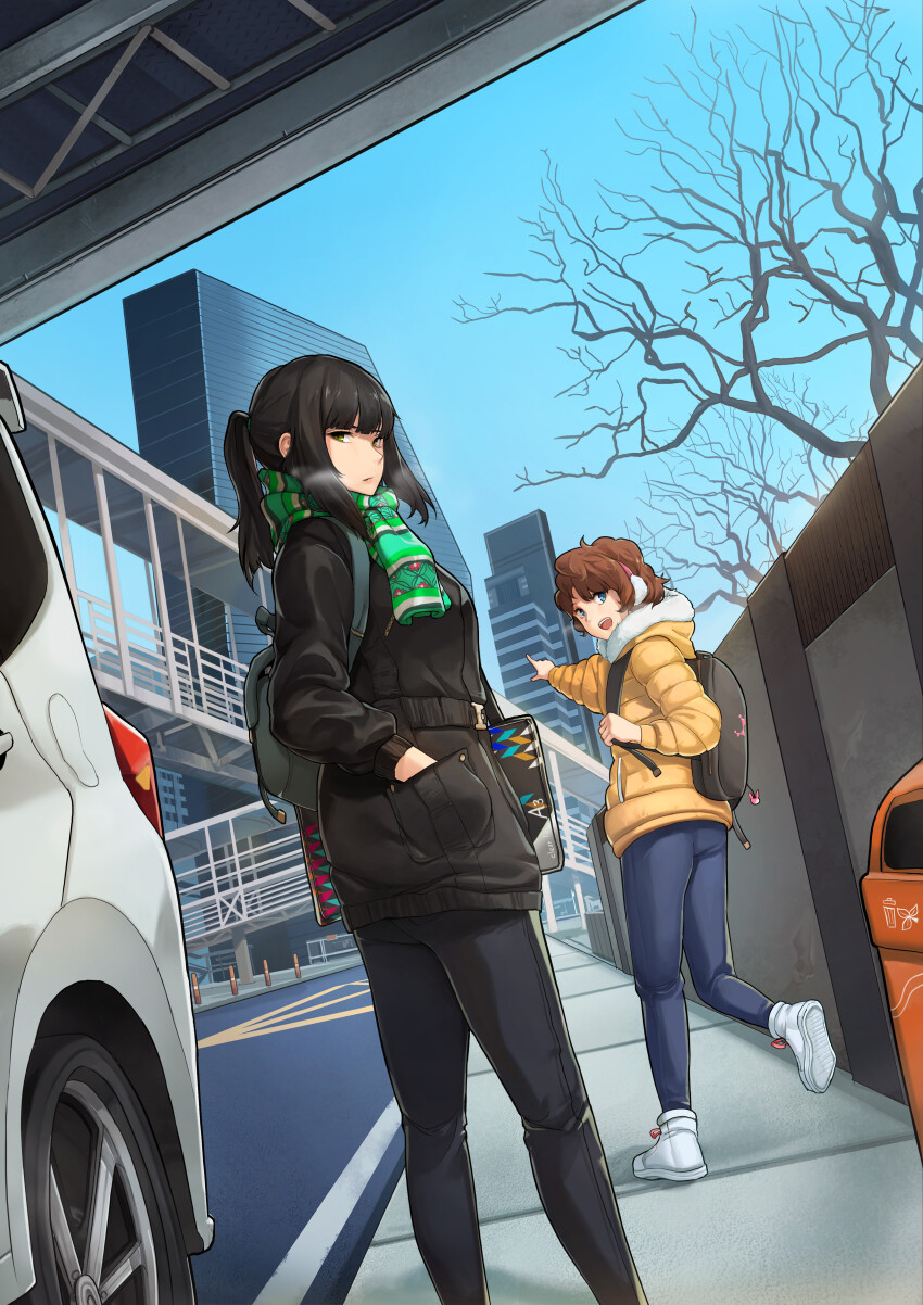 2girls absurdres backpack bag bag_charm bare_tree black_bag black_hair black_jacket branch brown_hair building car charm_(object) closed_mouth comic_frontier curly_hair day denim down_jacket earmuffs feet_out_of_frame green_scarf hand_in_pocket highres holding_strap hood hood_down hooded_jacket jacket jeans long_hair long_sleeves looking_back lynus motor_vehicle multiple_girls official_art open_mouth outdoors pants pointing ponytail puffy_long_sleeves puffy_sleeves road scarf school_bag shoes shoulder_bag sidelocks smile standing steam tree white_footwear yellow_jacket