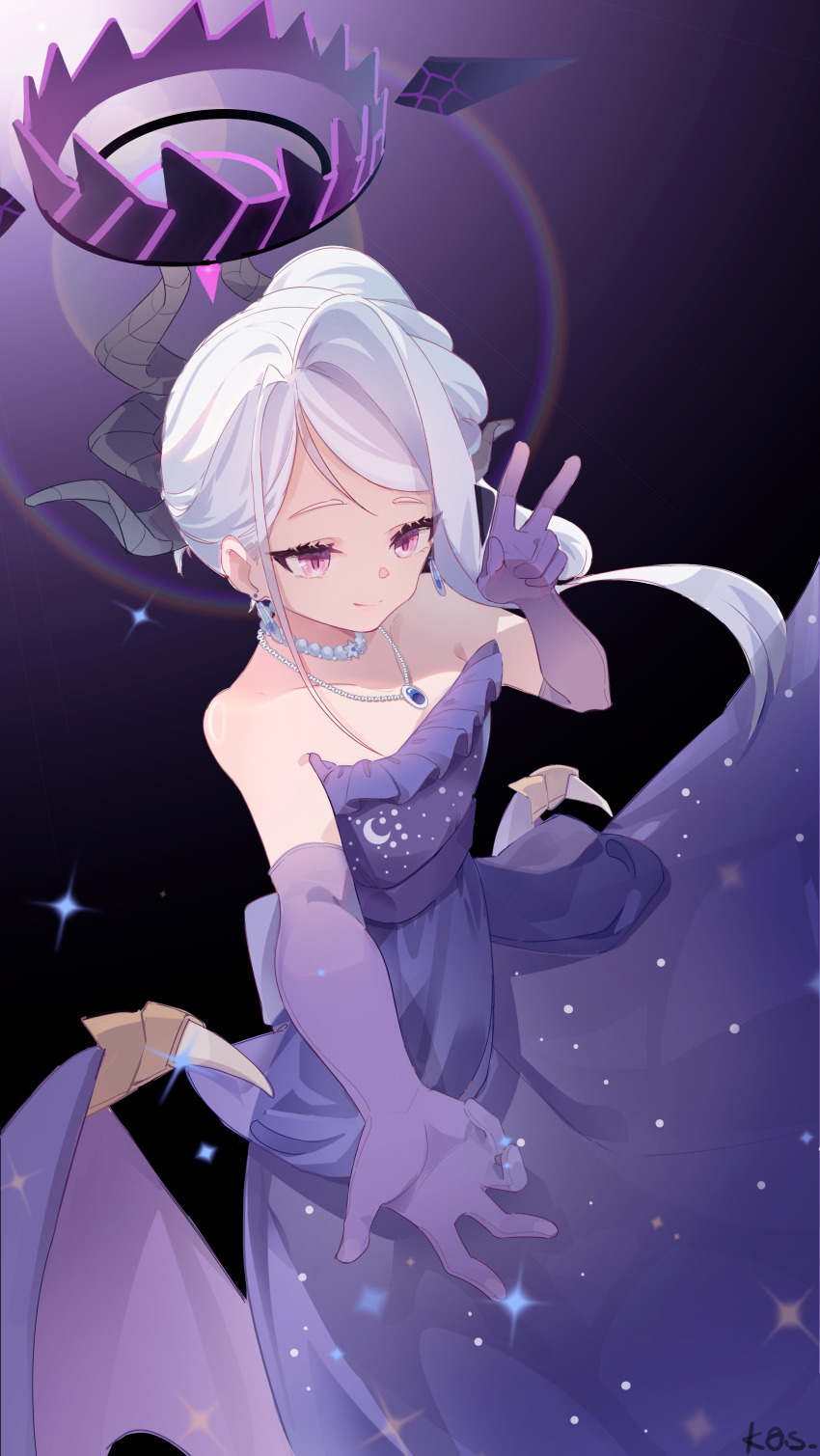 1girl absurdres artist_name bare_shoulders black_background black_halo blue_archive blush breasts closed_mouth commentary_request demon_girl demon_horns dress earrings elbow_gloves gloves halo highres hina_(blue_archive) hina_(dress)_(blue_archive) horns jewelry kas- long_hair necklace official_alternate_costume official_alternate_hairstyle outstretched_arm pendant purple_background purple_dress purple_eyes purple_gloves solo sparkle standing v white_hair