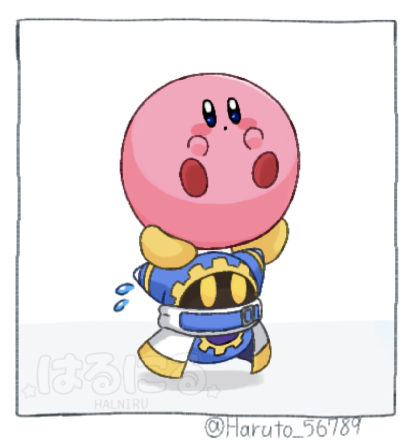 blush_stickers carrying_overhead flying_sweatdrops gloves haruneko_(haruto_56789) highres kirby kirby&#039;s_dream_buffet kirby_(series) magolor nintendo rayman_limbs star_(symbol) twitter_username watermark yellow_eyes yellow_gloves